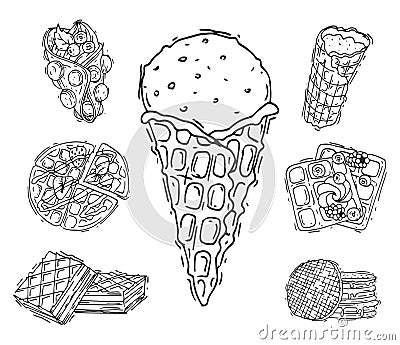 Different wafer cookies waffle cakes pastry cookie biscuit delicious snack cream dessert crispy bakery food vector Vector Illustration