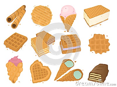 Different wafer cookies waffle cakes pastry cookie biscuit delicious snack cream dessert crispy bakery food vector Vector Illustration