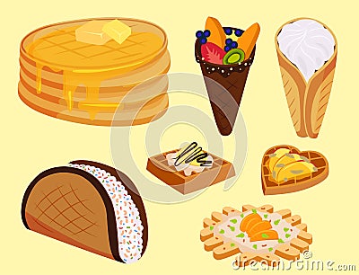 Different wafer cookies waffle cakes pastry cookie biscuit delicious snack cream dessert crispy bakery food vector Vector Illustration