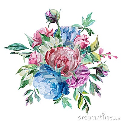 Different watercolor roses romantic collection Stock Photo