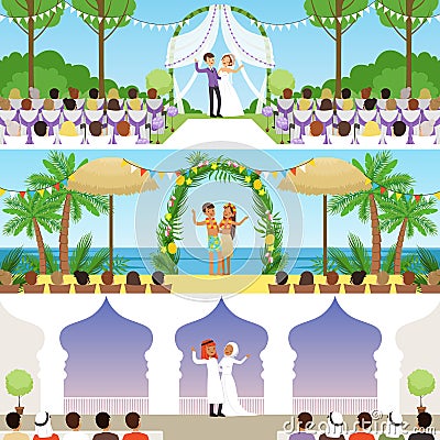 Different wedding ceremonies set, traditional, exotic tropical beach and muslim weddings vector Illustrations Vector Illustration