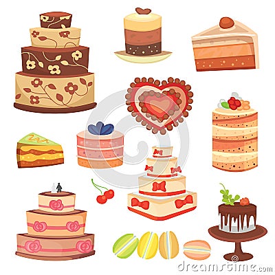 Different wedding cream birthday cake pie vector illustration celebration food Vector Illustration