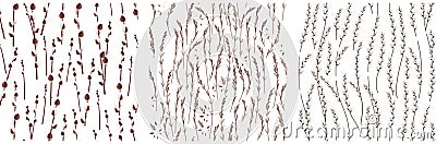 Different white patterns with pussy willow and spring branches Vector Illustration