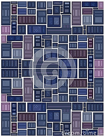 different windows pattern, set of windows , background of blue windows of different shapes, windows in the wall Stock Photo
