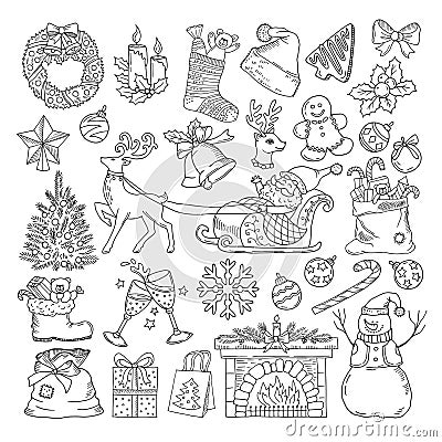 Different winter holidays objects. Christmas party icons collection. Vintage illustration set in hand drawn style Vector Illustration