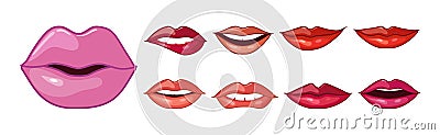 Different Woman Lips Icon of Pink and Red Color Vector Set Vector Illustration