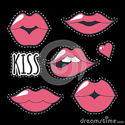 Different women`s lips icon set isolated from black background. Red lips close up girls. Shape sending a kiss, kissing lips Stock Photo