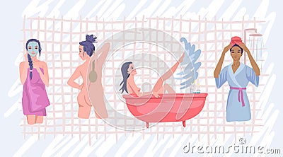 Water procedures, women washing, taking a bath, washing the body, bath and shower time. Vector flat illustration Vector Illustration