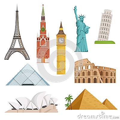 Different world famous symbols set isolate on white. Historical buildings, landmarks. Vector illustrations Vector Illustration