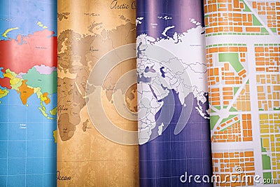 Different world maps, closeup. Travel concept Stock Photo