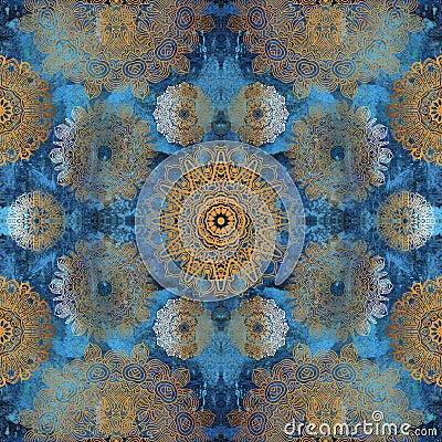 Golden mandalas on blue wall Stock Photo