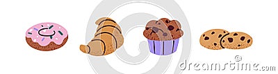 Different yummy pastry desserts set. Delicious fresh donut, croissant, cupcake, chocolate chip cookies. Tasty sweet Cartoon Illustration