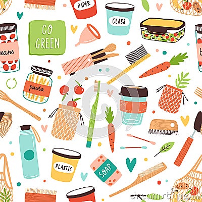 Different Zero Waste care elements, food and dishes vector flat illustration. Colorful various durable and reusable Vector Illustration