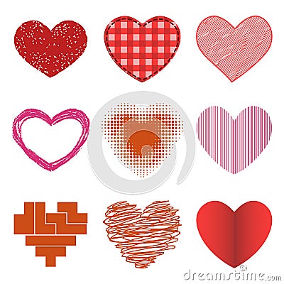 Differents style red heart vector icon isolated love valentine day symbol and romantic design wedding beautiful Vector Illustration