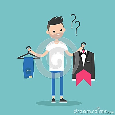 Difficult choice. Young bearded man trying to decide what to wear Cartoon Illustration