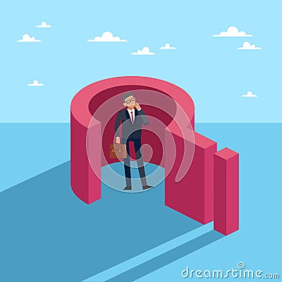 Difficult question. Business task, confused businessman in suit thinking about trouble, question mark, solving problems Vector Illustration