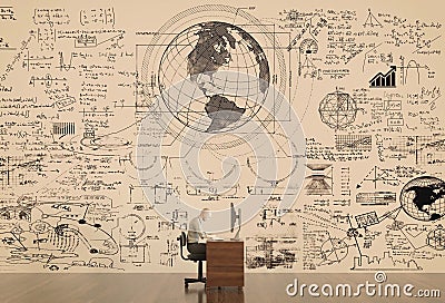 Man works on computer with math formulas drawn on background Cartoon Illustration