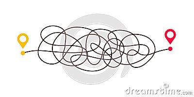 Difficult way, chaos path from point A to B. Complex chaos simplifying concept. Easy simple way. Vector illustration Vector Illustration
