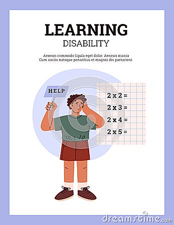 Difficulties learning and dyslexia concept, boy difficulty in counting vector poster, pupil needs help with calculating Cartoon Illustration