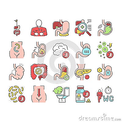 Digestion Disease And Treatment Icons Set Vector . Vector Illustration