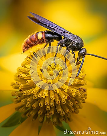 A digger wasp feeding on the top of a yellow daisy flower Stock Photo