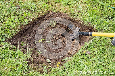 Digging the earth with a spade at countryside. Male foot wearing a rubber boot digging the earth with a spade. iron Stock Photo