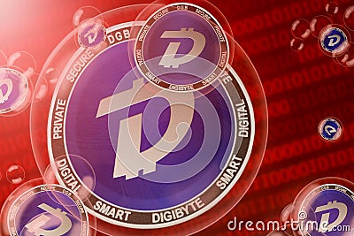 DigiByte crash, bubble. DigiByte DGB cryptocurrency coins in a bubbles on the binary code background Stock Photo