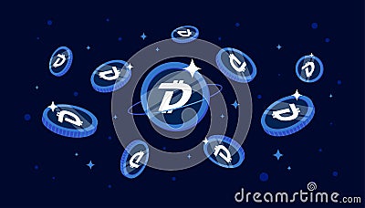DigiByte DGB coins falling from the sky. DGB cryptocurrency concept banner background Vector Illustration