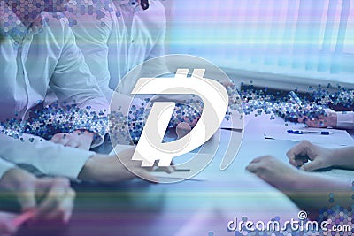 DigiByte, DGB cryptocurrency sign. The concept of business, cryptocurrency and finance - a team of businessmen are sitting in an Stock Photo