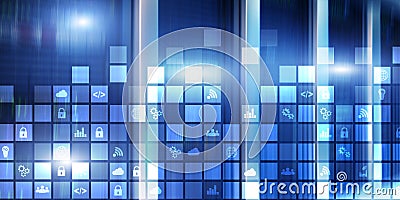 Digital abstract background pixelated icons blurred modern server room. Technology telecommunication Iot internet of Editorial Stock Photo