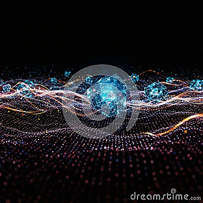 A digital abstract with bright, translucent polyhedral shapes floating above a dynamic, Stock Photo
