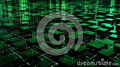 Digital Abstract of Green Color Dot Matrix Cubes Pattern Selective Focused Background Stock Photo