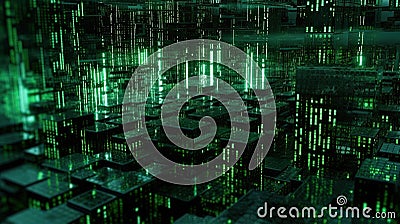 Digital Abstract of Green Color Dot Matrix Cubes Pattern Selective Focused Background Stock Photo