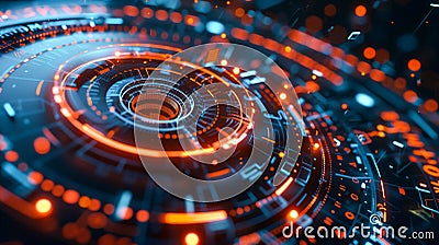 Digital abstract interface with circular holographic elements, AI generated Stock Photo