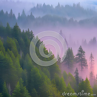 A digital abstract landscape of a forest at dawn, with mist rising from the trees and soft pinks and blues in the sky1, Generati Stock Photo