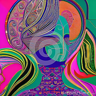 A digital abstract portrait of a faceless figure, with intricate patterns and shapes covering the body in shades of pink and pur Stock Photo