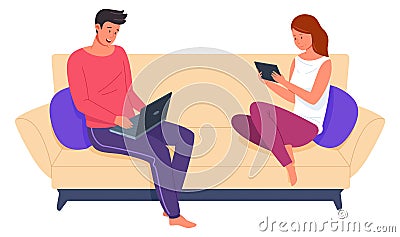 Digital addiction. Man and woman sitting on couch with personal gadgets Vector Illustration