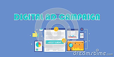 Digital advertising campaign, internet advertisement, social media ads, mobile marketing, search advertisement concept. Vector Illustration
