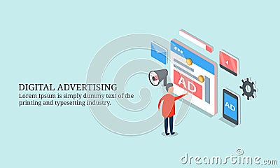 Digital advertising, customer clicking on website ads. Vector Illustration