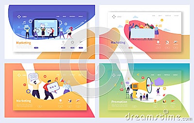 Digital Advertising Marketing Landing Page Set. Business Character Social Communication Concept. Online Media Strategy Vector Illustration