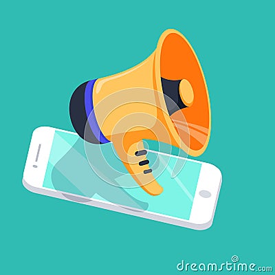 Digital advertising, mobile device flat style vector, smartphone with speaker, event notification illustration Vector Illustration