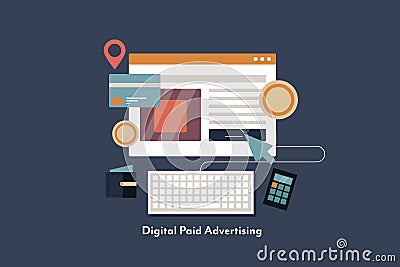 PPC advertising, digital ad on website layout, click on digital advertising, lead generation process. Internet marketing concept. Vector Illustration