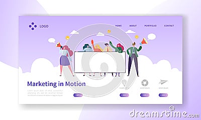 Digital Advertising Team Holding Blank Banner. Marketing Teamwork Character Design for Landing Page Vector Illustration