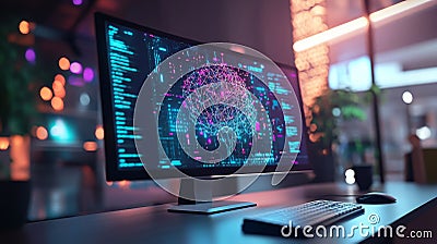 Digital AI interface with brain visualization in a tech-focused workspace Stock Photo