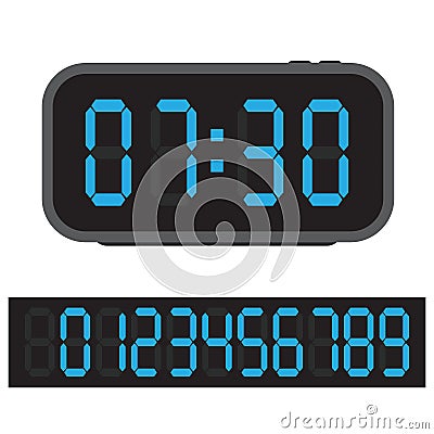 Digital alarm clock, Blue digital clock and set of glowing numbers. Vector Illustration Vector Illustration