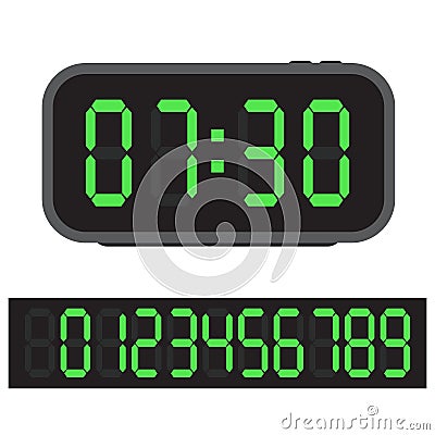 Digital alarm clock, Blue digital clock and set of glowing numbers. Vector Illustration Cartoon Illustration