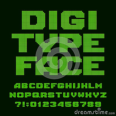 Digital alphabet font. Led display pixel letters and numbers. Vector Illustration