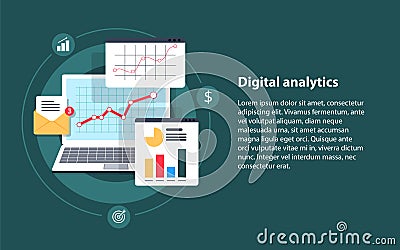 Digital analytics, Big data analysis, data science, market research, application Cartoon Illustration