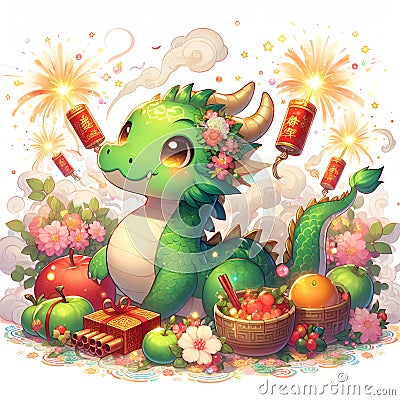 A digital anime art of cute green dragon, with firecrakers, smokes, sparkles, surrounded by the flower and fruit, cartoon Stock Photo