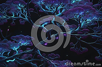 Digital Arbor: Neural Network-Inspired Tree Branches Mimicking Intricate Neurons with Subtle Glow Stock Photo